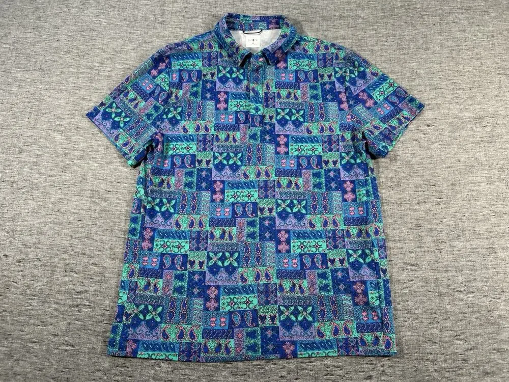 J Crew Oarsman Polo Shirt Mens Medium Paisley Short Sleeve Stretch Preppy